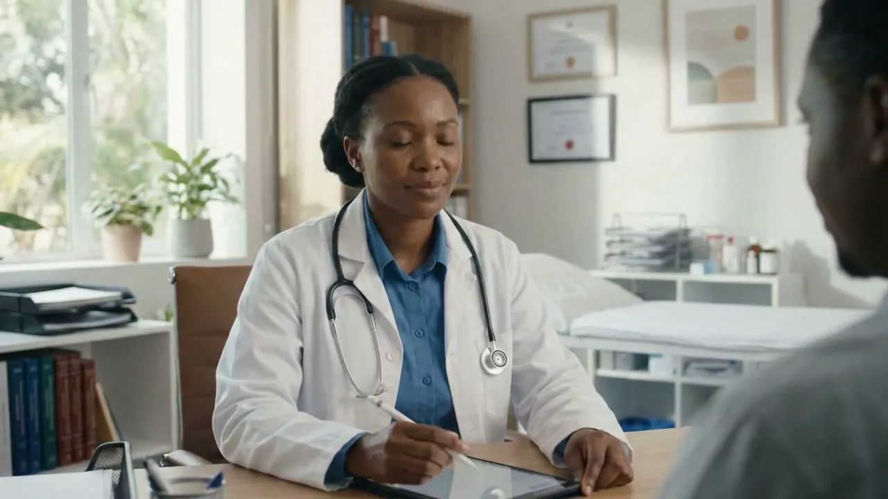A doctor writing notes on a tablet during a consultation