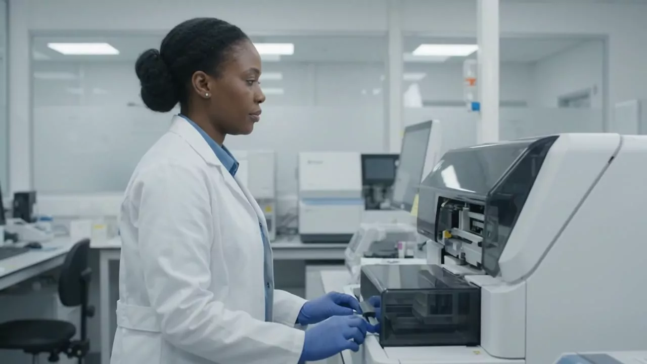 A laboratory scientist loading samples into an analyzer