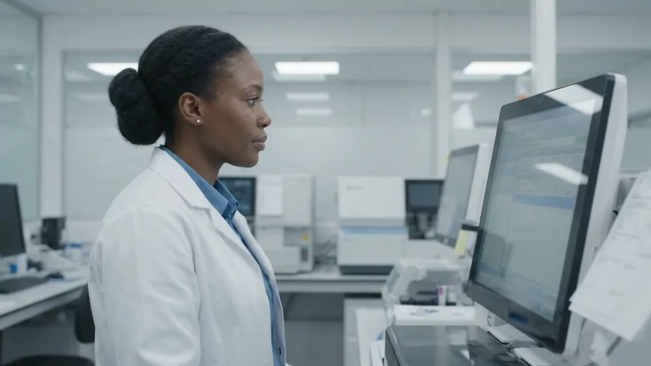 A scientist reviewing results at a workstation