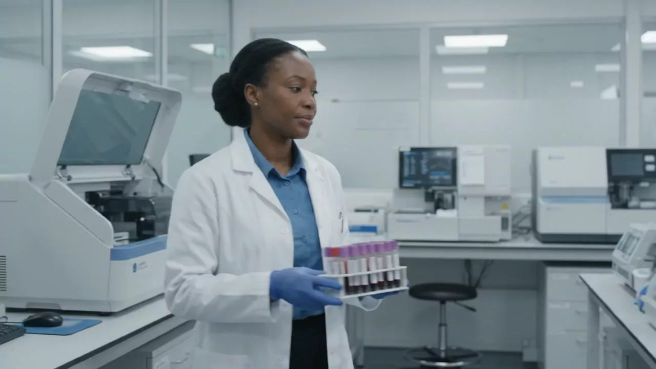 A laboratory scientist carrying a rack of blood samples