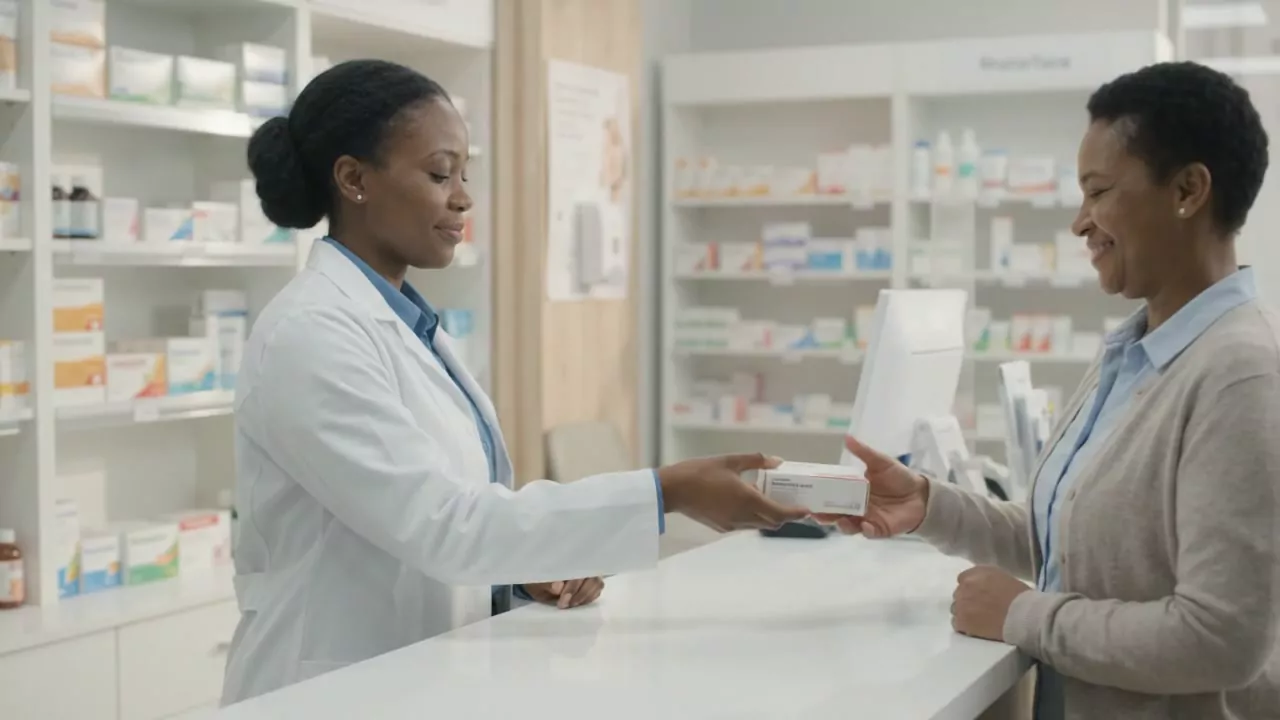 A pharmacist handing medicine to a patient